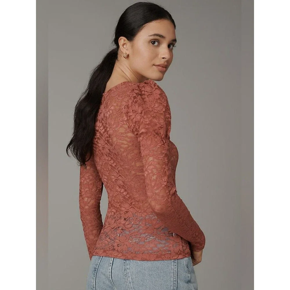 Anthropologie Puff-sleeve Sheer Lace Top